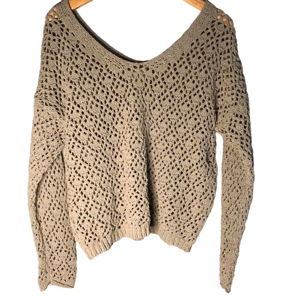 Nicole Miller Taupe Open knit V neck Drop Shoulder Cropped Sweater Size M NEW - Picture 1 of 9